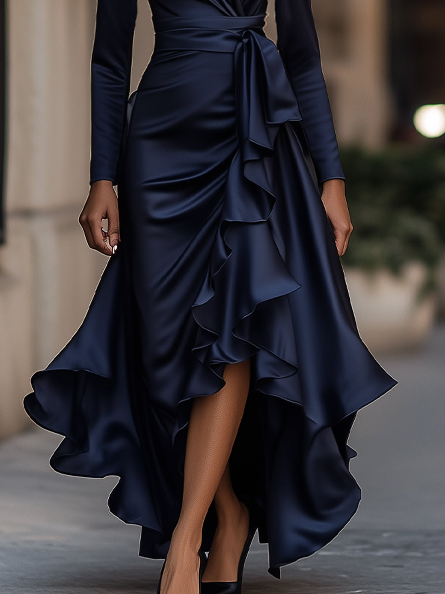 Palma | Vestido largo de satén drapeado con detalles de volantes