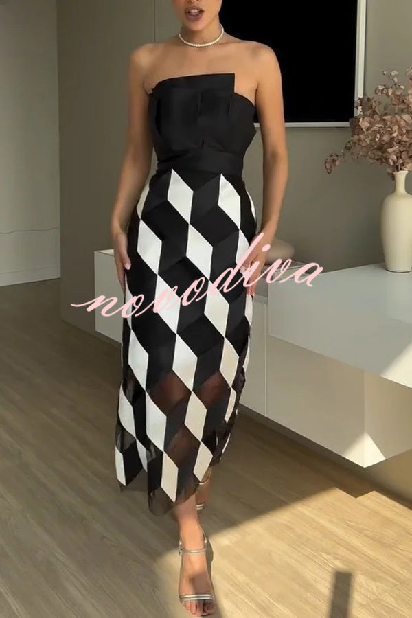 Vestido midi sexy palabra de honor con espalda descubierta y rombos en contraste