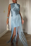 Vestido largo Glamour Moderno drapeado con flecos cruzados y sin mangas