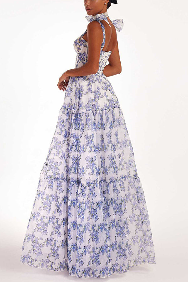 Vestido largo Fairytale Itself de organza con estampado floral y tirantes anudados