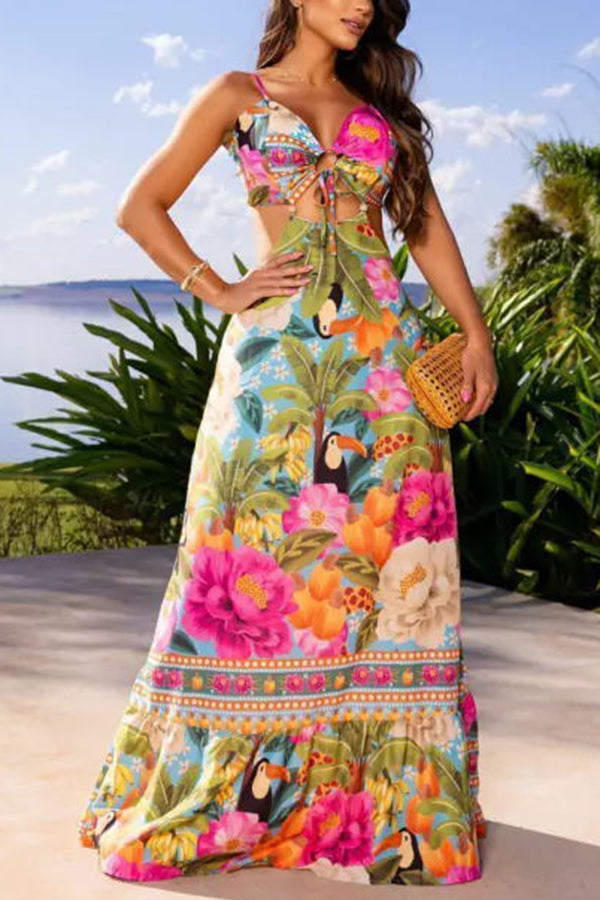 Vestido largo Estilo México con estampado tropical, abertura con aro y lazada, ideal para vacaciones