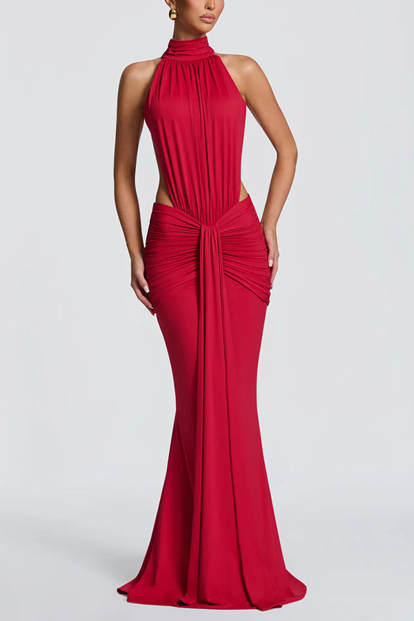 Vestido largo Thekla de punto elástico y fluido con cuello alto, fruncido, espalda descubierta y drapeado