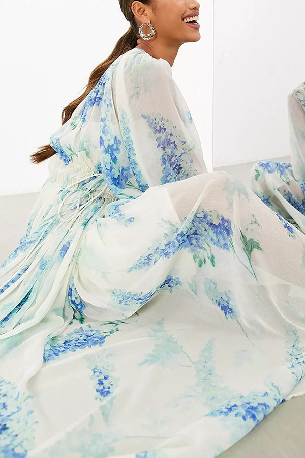 Vestido largo Rumbo al Océano de gasa floral con cintura ajustable con cordón