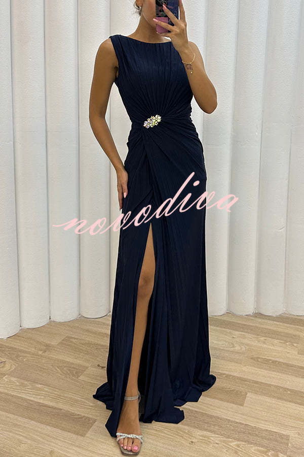 Vestido largo de noche Especialmente Bonito plisado con adornos y abertura