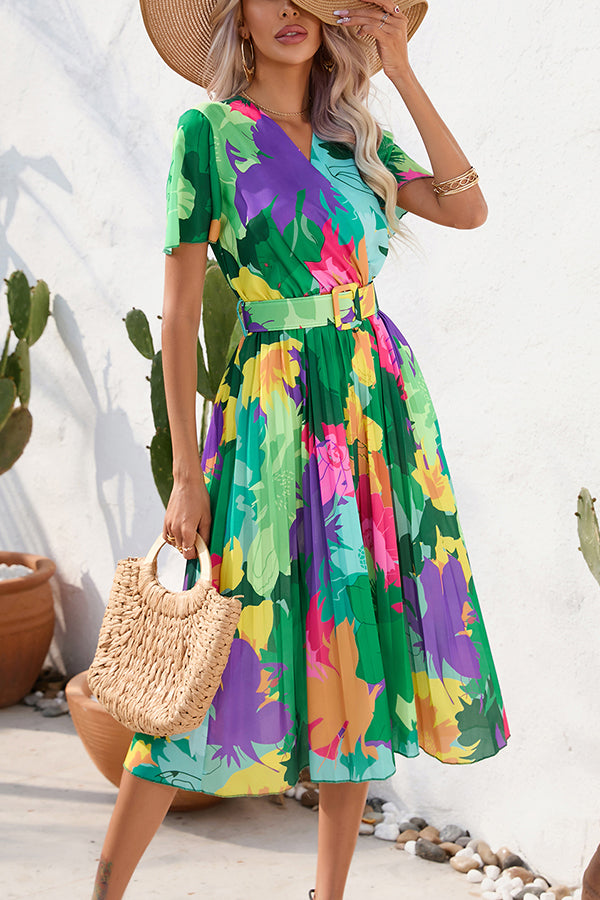 Vestido midi Paulette plisado con estampado floral en contraste y cinturón
