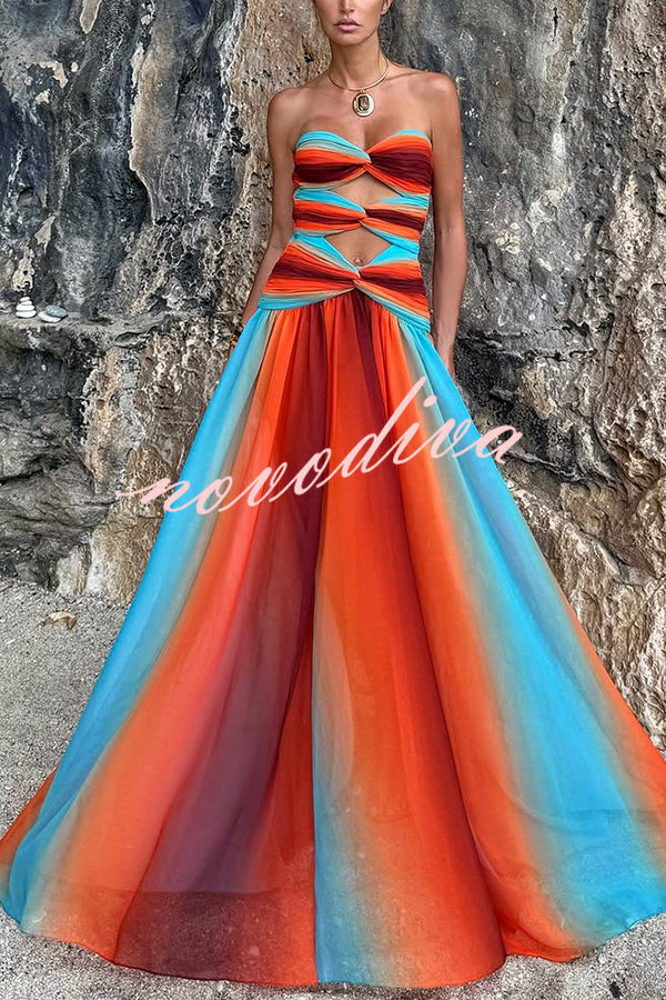 Vestido largo Atardecer en Cerdeña de malla estampada con hombros descubiertos, torsión y abertura, ideal para vacaciones