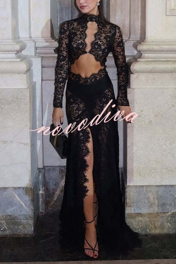 Vestido largo elástico Dark Night Charm de encaje transparente con aberturas y manga larga