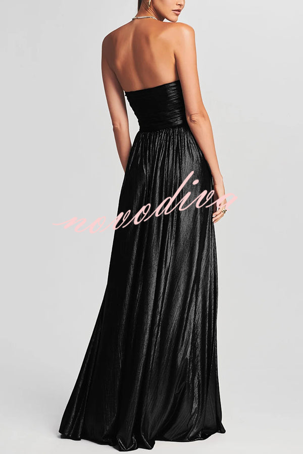 Vestido largo Temperamento de Diosa de tejido metalizado plisado con hombros descubiertos y abertura