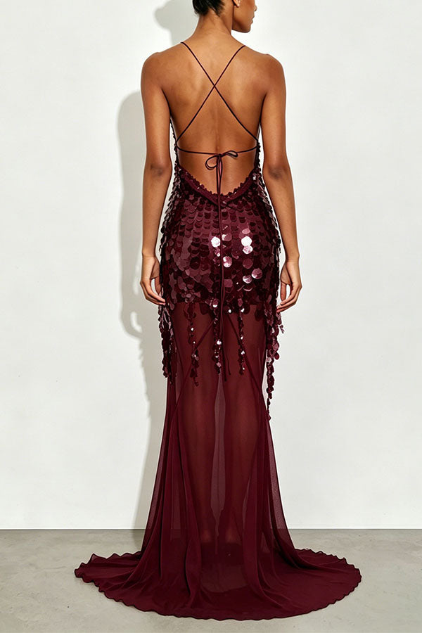 Vestido largo lencero Noche Perfecta de lentejuelas bordadas con espalda descubierta y bajo drapeado de tul
