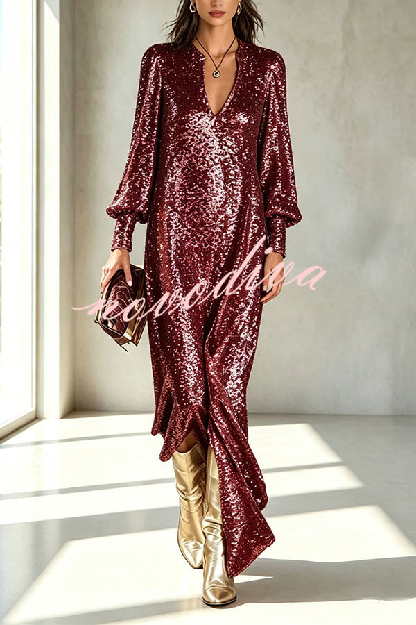 Vestido largo de fiesta Minimalista Brillante de lentejuelas con escote de pico, manga larga globo y abertura
