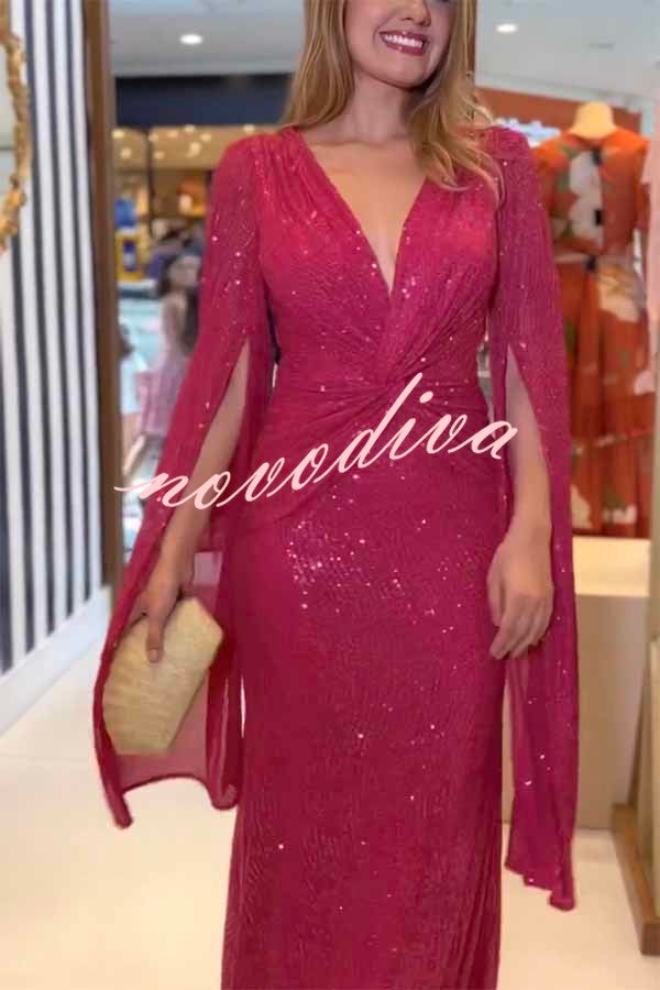 Vestido largo de noche Brilla Más de lentejuelas con manga capa y cintura cruzada