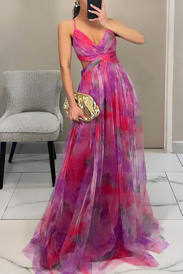 Vestido largo Giselle de tul con estampado floral, cintura con abertura y lazada en la espalda