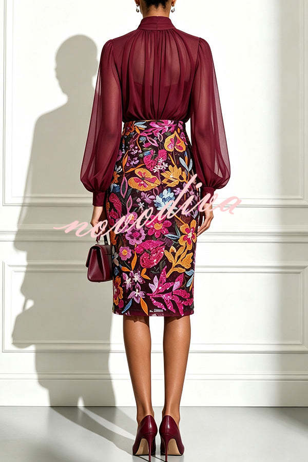 Vestido midi ajustado Analie de gasa con cuello alto, manga farol y bajo floral de lentejuelas