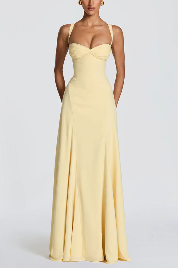 Vestido largo Irie drapeado de gasa con escote corazón, tirantes estrechos y lazada en la espalda