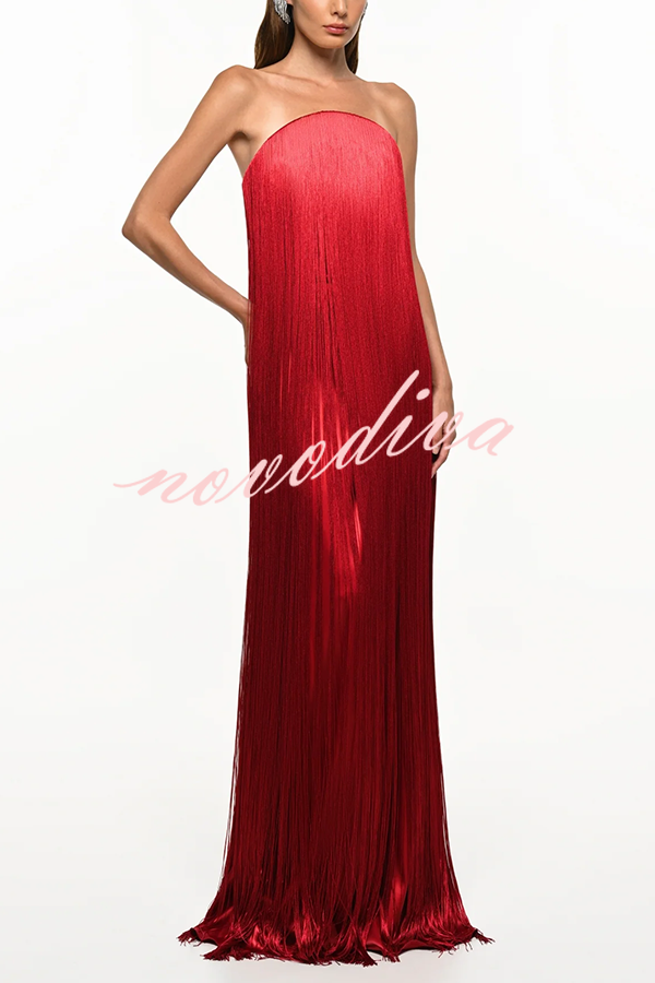 Vestido largo de gala hasta el suelo Dreamy Eye-catching con flecos brillantes y hombros descubiertos