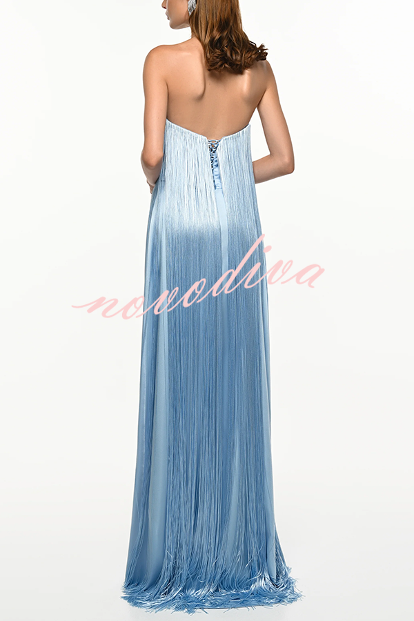 Vestido largo de gala hasta el suelo Dreamy Eye-catching con flecos brillantes y hombros descubiertos