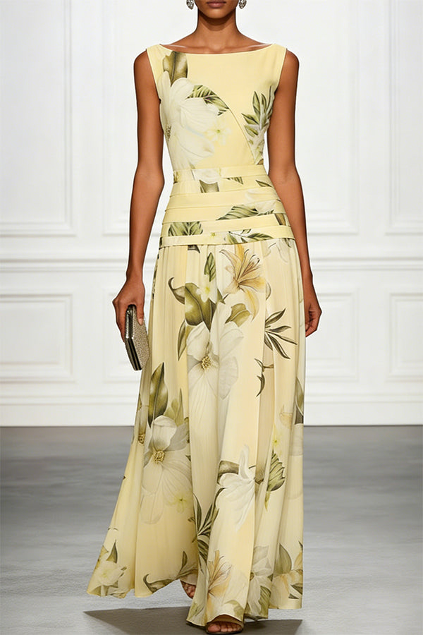 Vestido largo clásico con estampado floral, escote barco, cintura fruncida, sin mangas y corte en A