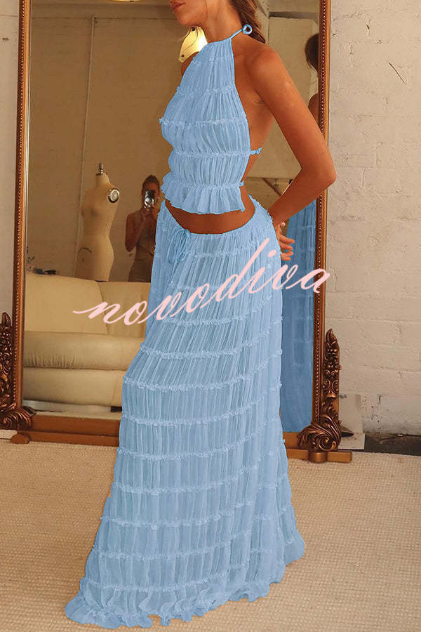 Falda larga escalonada plisada con cintura de cordón, versátil y con encanto vintage