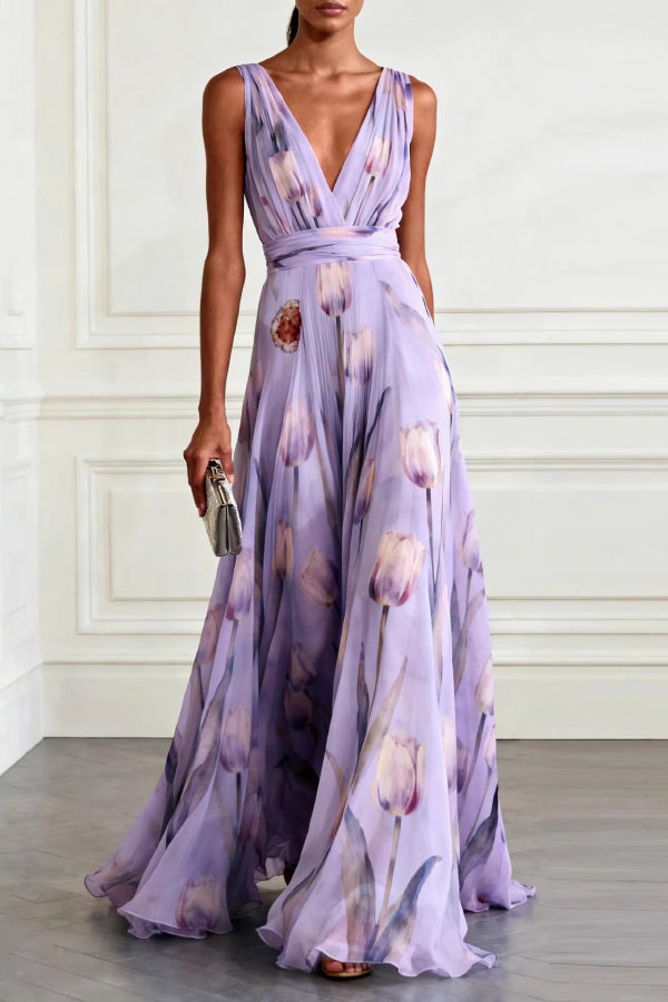 Vestido largo elegante con estampado de tulipanes, escote en V, sin mangas y cintura marcada