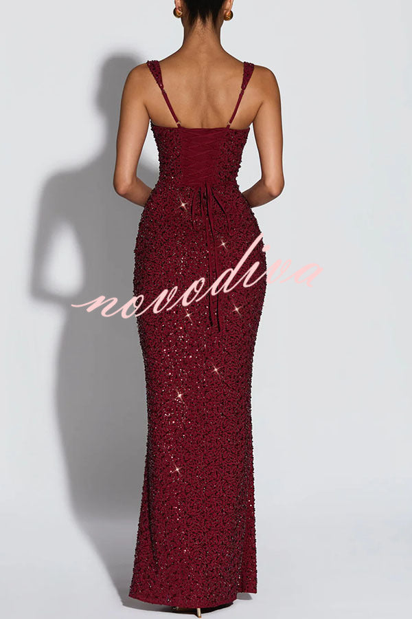 Vestido largo Calanthe de gasa con lentejuelas, fruncido, escote cuadrado y lazada en la espalda