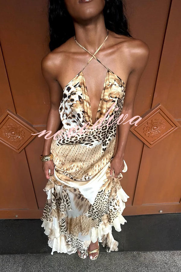 Vestido largo Coral de satén con estampado de leopardo, cuello halter caído y bajo con volantes exagerados