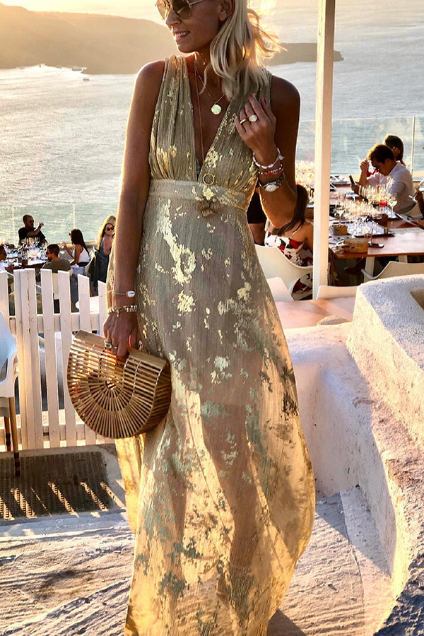 Vestido largo Historias de Atardecer Dorado con escote de pico