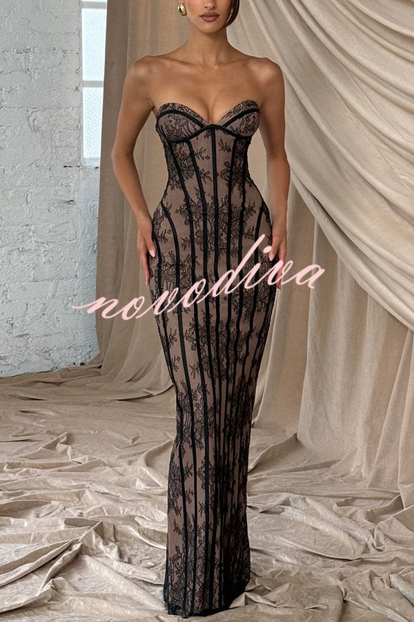 Vestido largo Sian palabra de honor de encaje floral con detalle estructurado en contraste, abertura y lazada en la espalda