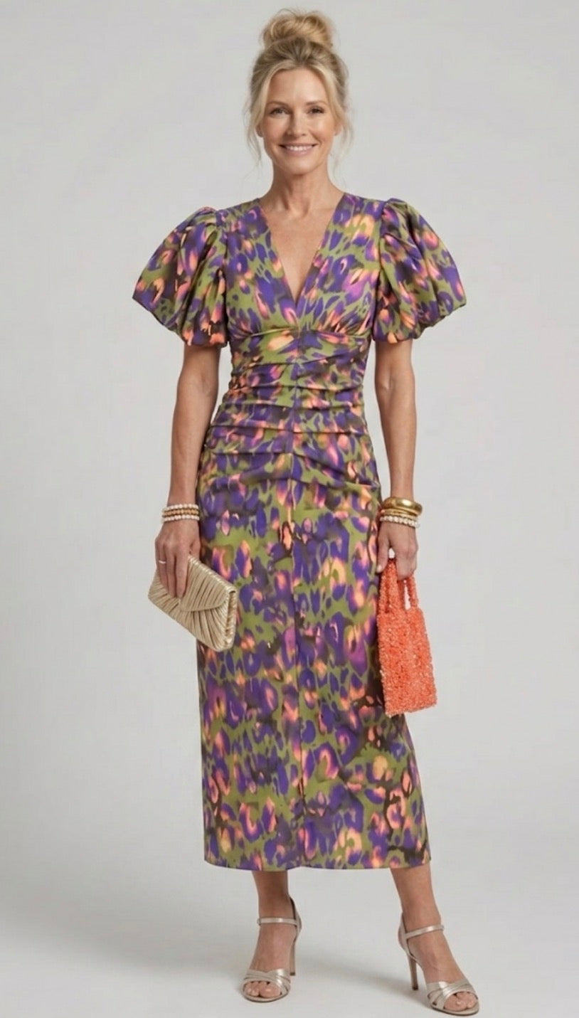 Adriana | Vestido Midi Plisado con Mangas Abullonadas