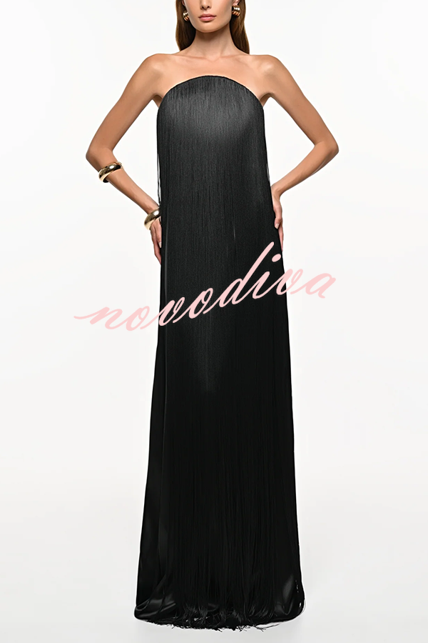 Vestido largo de gala hasta el suelo Dreamy Eye-catching con flecos brillantes y hombros descubiertos