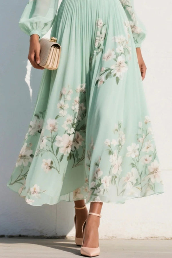 Vestido largo casual con estampado floral, escote en V, manga larga y cintura entallada