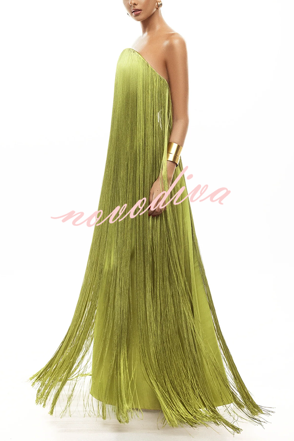 Vestido largo de gala hasta el suelo Dreamy Eye-catching con flecos brillantes y hombros descubiertos