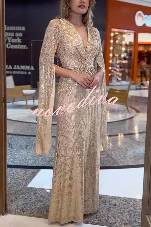 Vestido largo de noche Brilla Más de lentejuelas con manga capa y cintura cruzada