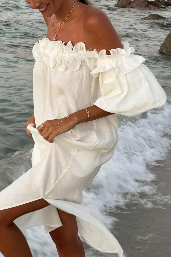 Vestido midi Francisca en mezcla de lino con hombros descubiertos, volantes, manga abullonada y bolsillos