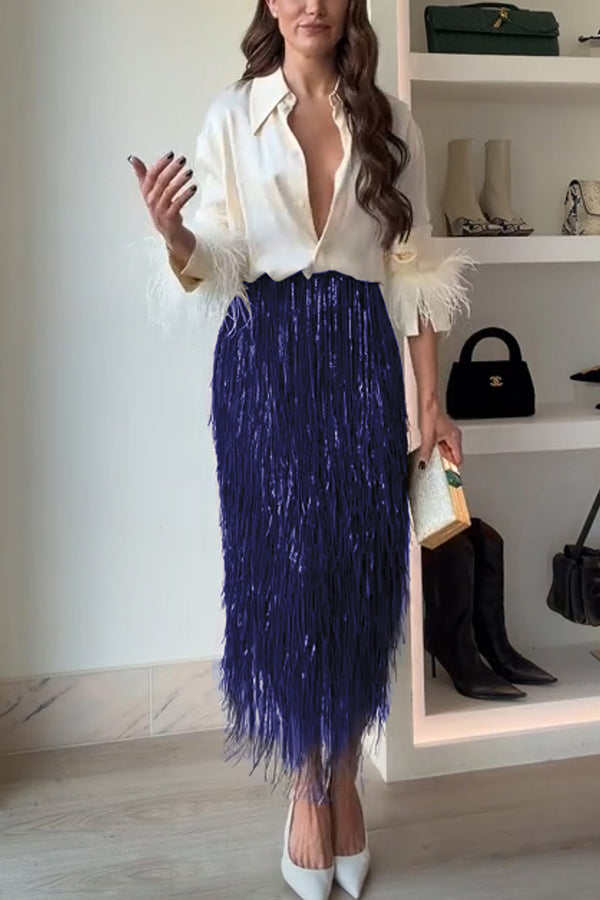 Falda midi Reina de la Fiesta con flecos de lentejuelas en capas, talle alto y cremallera trasera