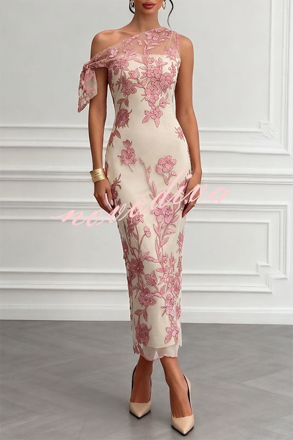Vestido largo recto Kylen de encaje con bordado floral y lazo, asimétrico de un hombro y sin mangas