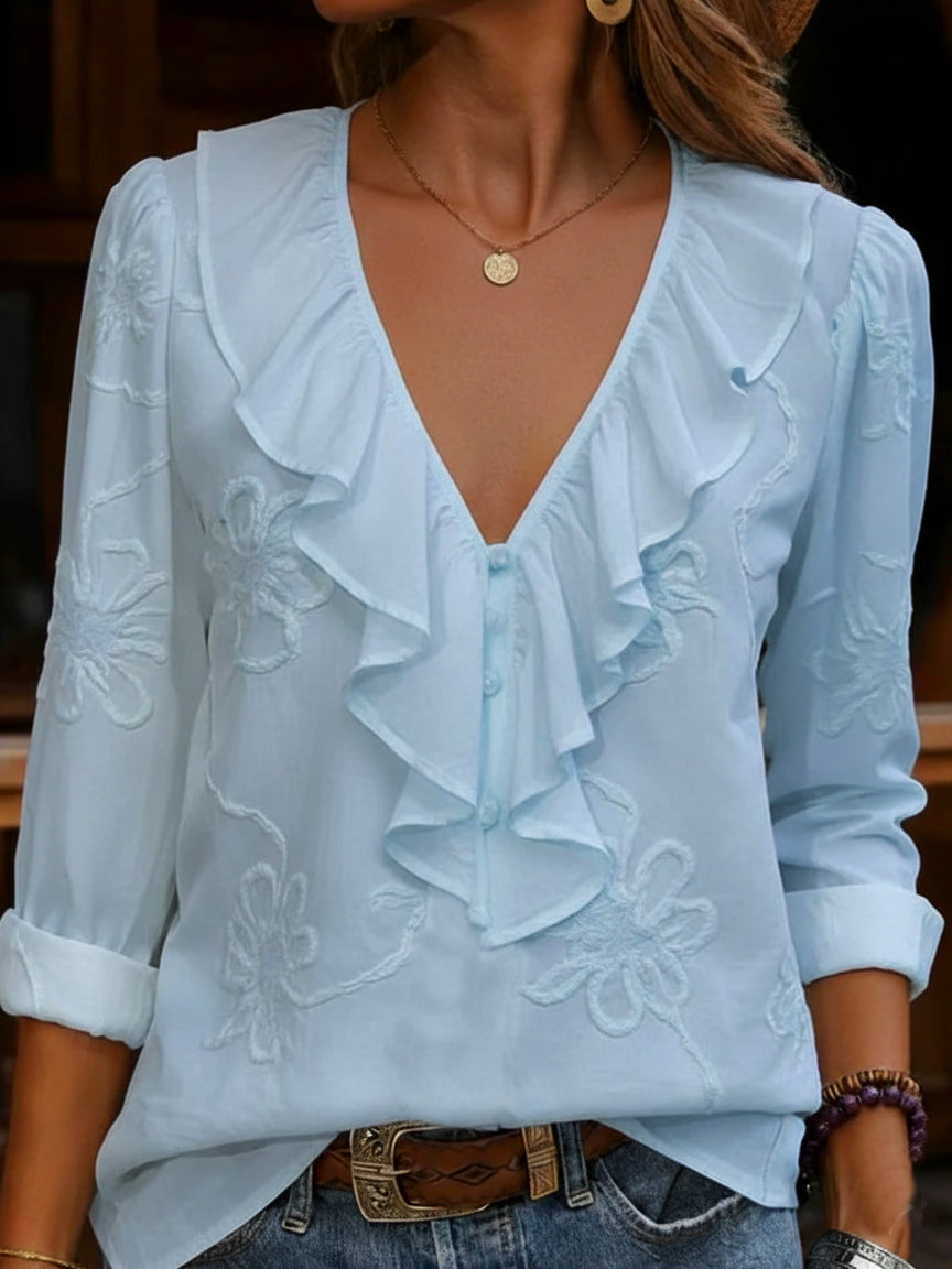 CELESTINE | CAMISA DE CUELLO PICO CON VOLANTE Y BORDADO FLORAL VINTAGE