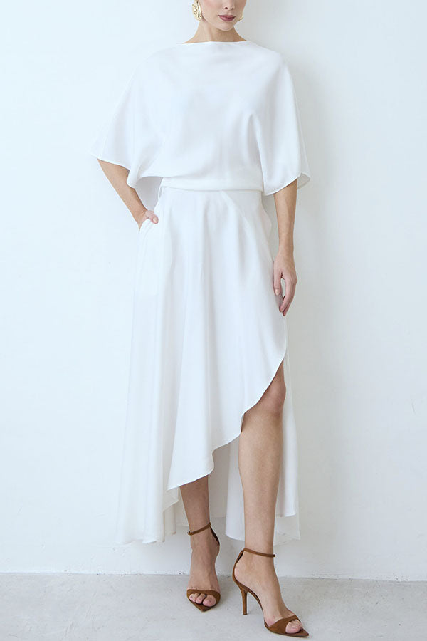 Vestido largo holgado Moderno y Elegante de satén cruzado con media manga ancha, bolsillos y abertura