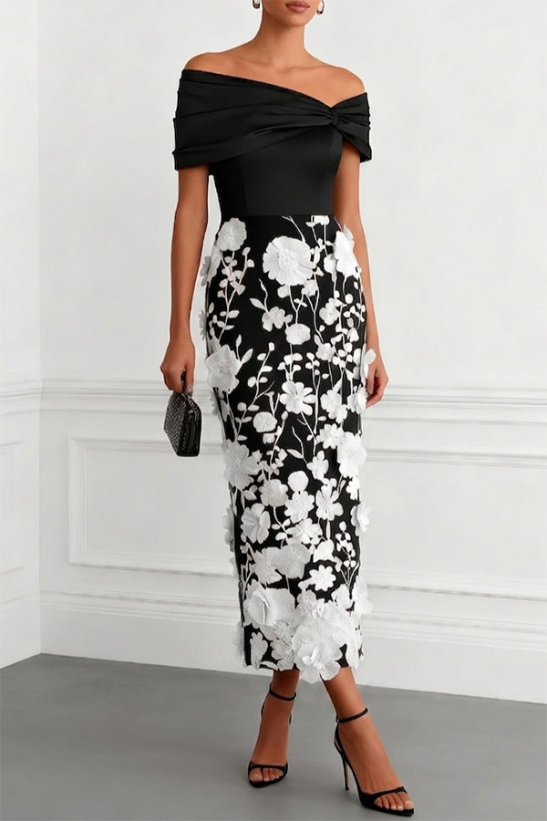 Vestido midi ajustado clásico con bordado floral 3D, hombros descubiertos y manga corta