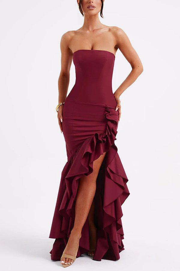 Vestido largo ajustado sexy con hombros descubiertos y bajo irregular
