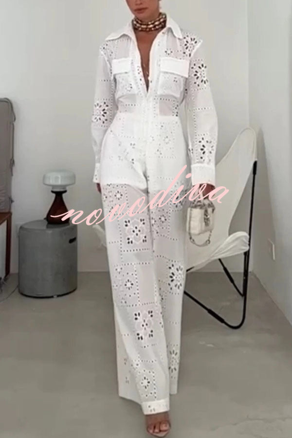 Mono camisero holgado Vivi de encaje bordado con aberturas, manga larga, bolsillos y cintura elástica