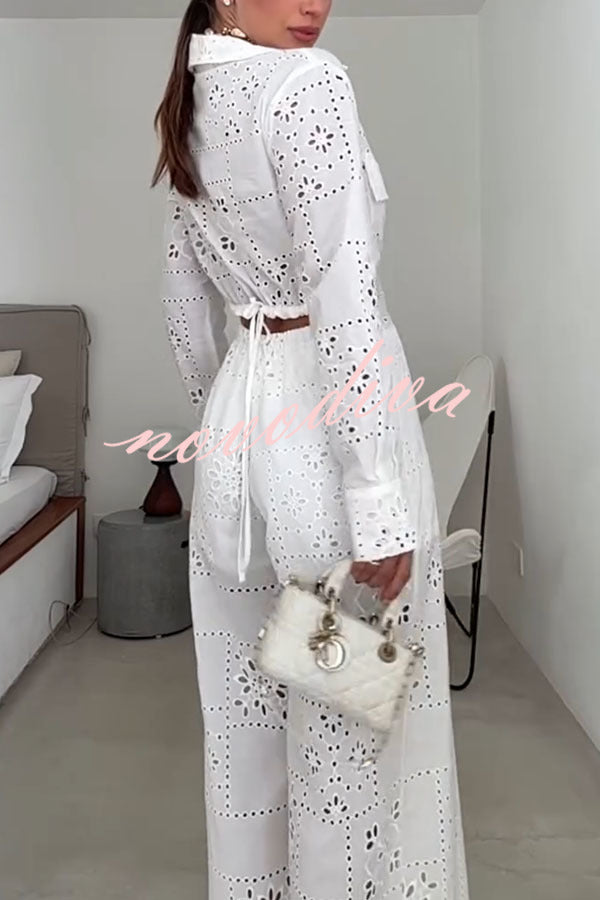 Mono camisero holgado Vivi de encaje bordado con aberturas, manga larga, bolsillos y cintura elástica