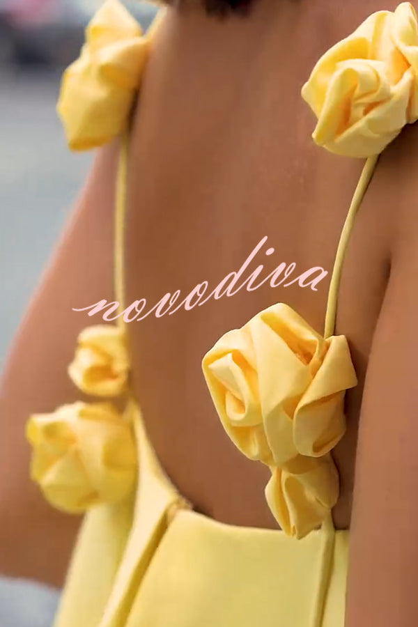 Minivestido evasé Silueta Juguetona y Favorecedora con rosa 3D y tirantes drapeados