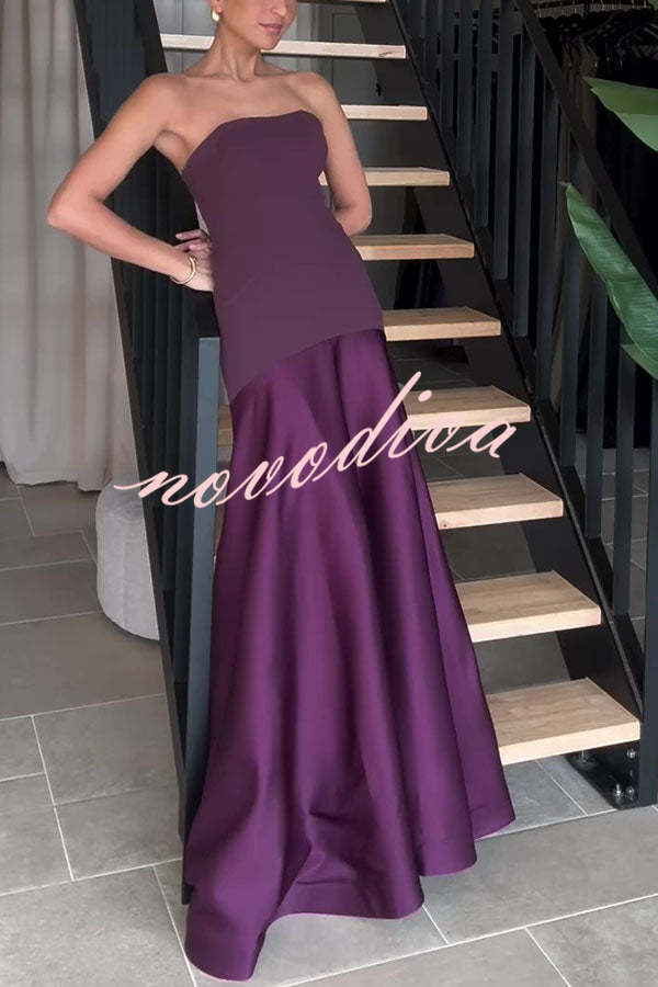 Vestido largo de gala palabra de honor de satén con paneles y vuelo, elegancia atemporal