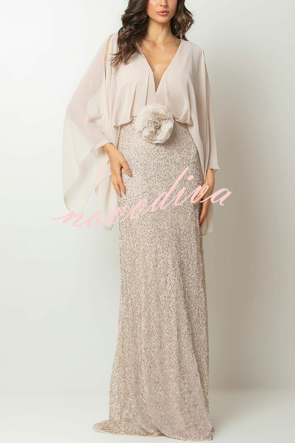 Vestido largo Aleina de gasa con manga murciélago, flores bordadas y cintura de lentejuelas