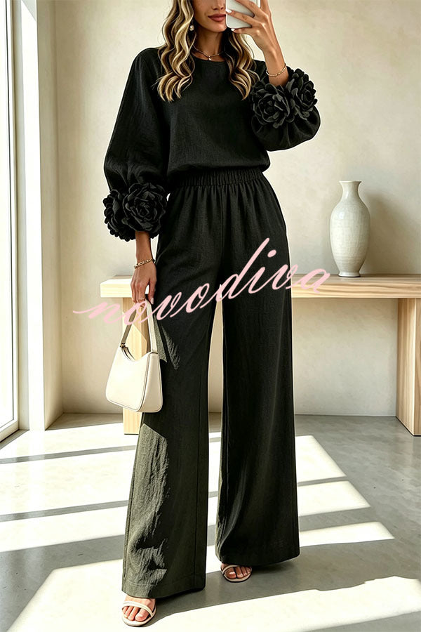 Conjunto de mezcla de lino de blusa con puños florales y pantalón con cintura elástica y bolsillos