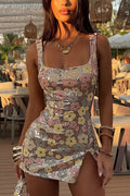 Minivestido ajustado sexy con flores de lentejuelas y escote cuadrado
