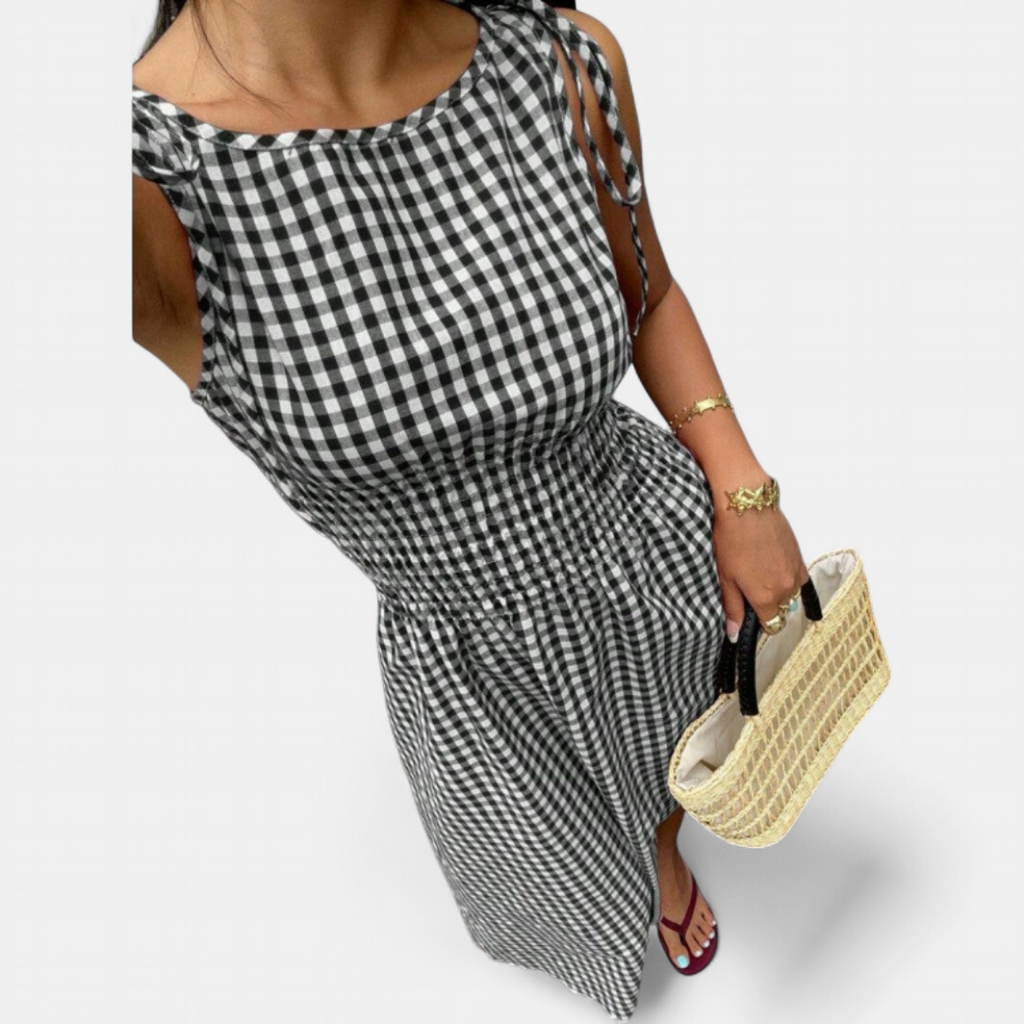 PERNETTE™ – Vestido midi de vichy con cintura fruncida