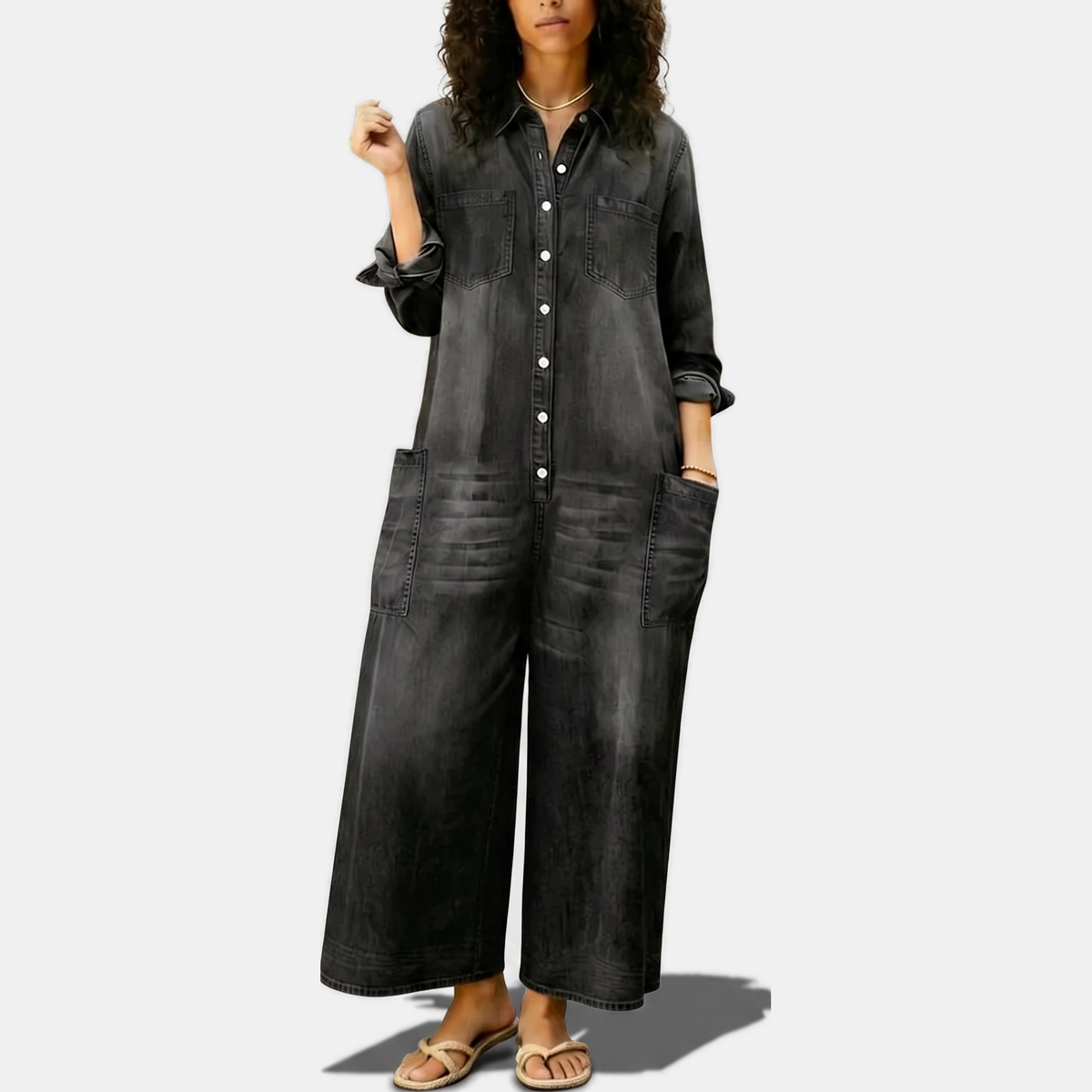 Mono Vaquero Lavado de Pierna Ancha con Botones para Mujer