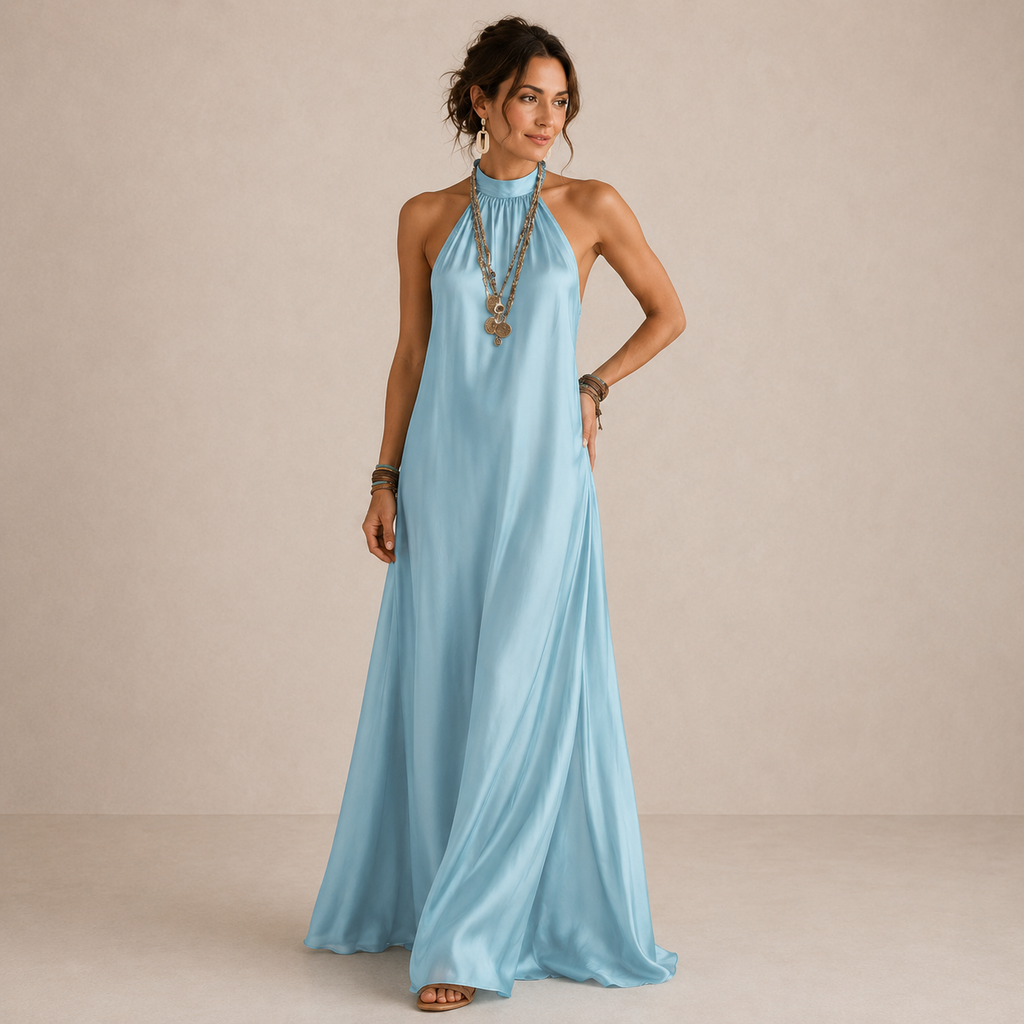 Magnolia | Vestido largo vaporoso azul con cuello halter