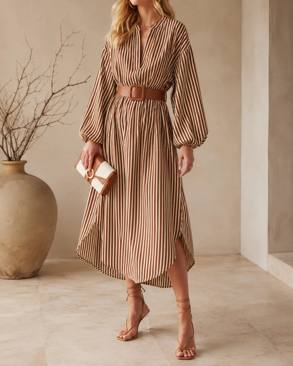Sienna | Vestido camisero midi de rayas con cinturón